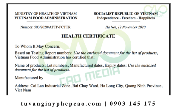 Xin giấy chứng nhận health certificate hủ tiếu khô