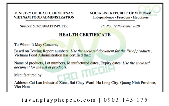 Xin giấy chứng nhận health certificate bún gạo lứt khô