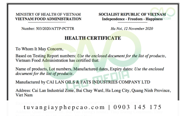 Thủ tục xin giấy chứng nhận health certificate dầu ăn
