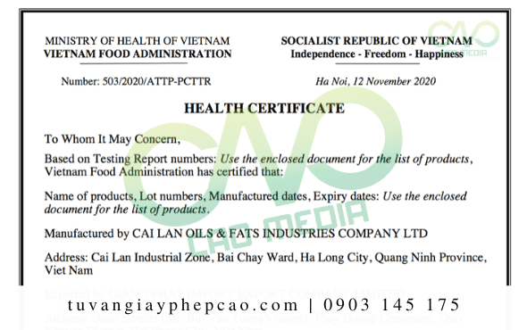 Giấy chứng nhận health certificate dầu thực vật
