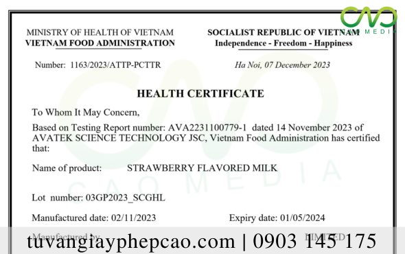 CAO Media cung cấp dịch vụ xin Health Certificate sữa tươi tiệt trùng vị dâu xuất khẩu